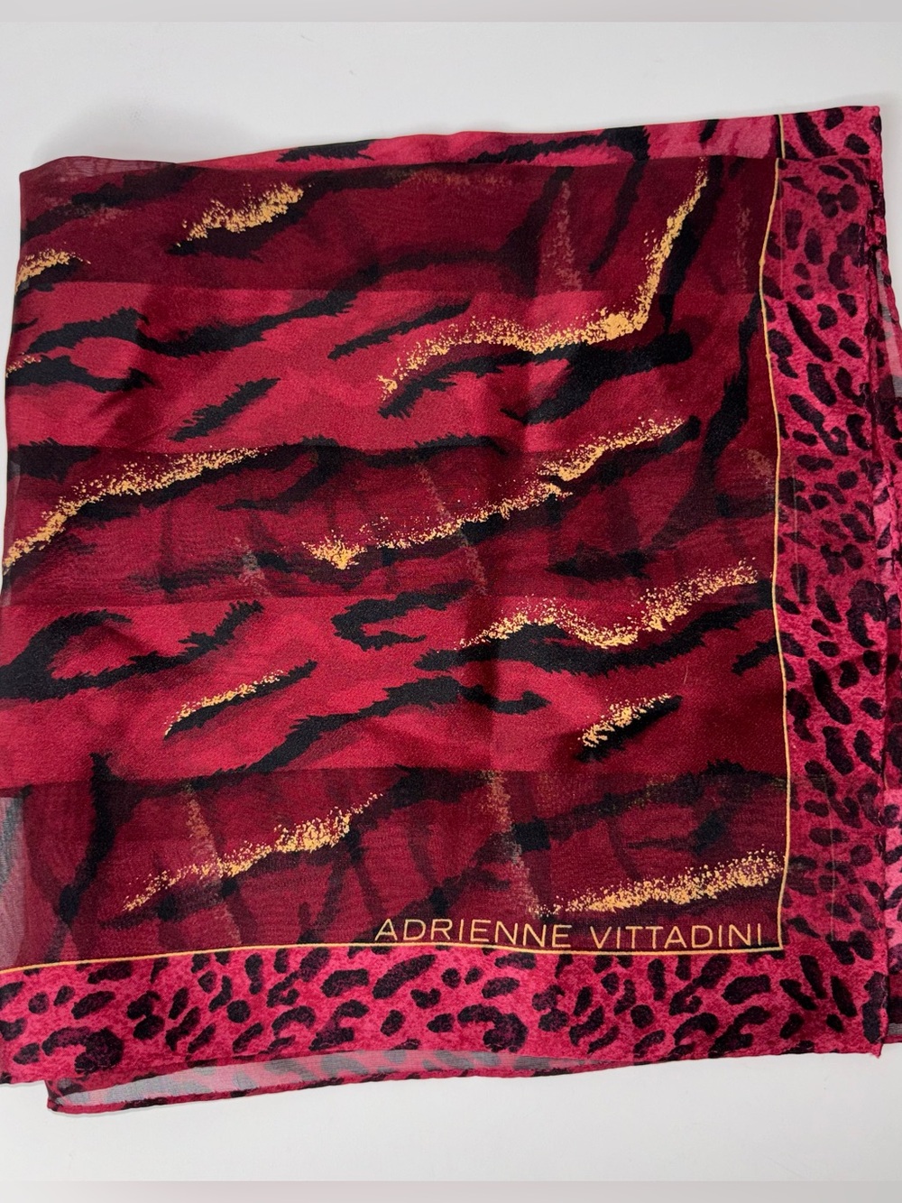 Adrienne Vittadini Red Animal Print Silk Scarf Tiger Cheetah Leopard 21" x 21"